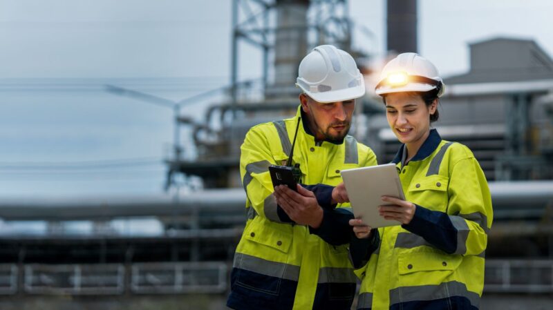Manager and colleague reviewing plans at an industrial plant.