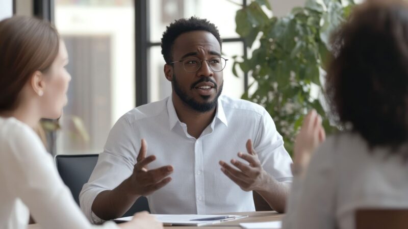 Man speaking with colleagues at the office