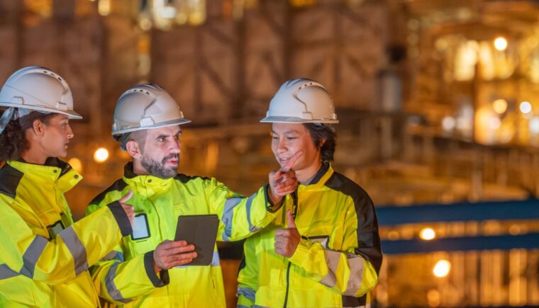 Safety team meeting outside of a plant
