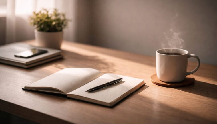 Organized desk with a coffee mug, notebook, and plant