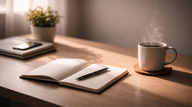 Organized desk with a coffee mug, notebook, and plant